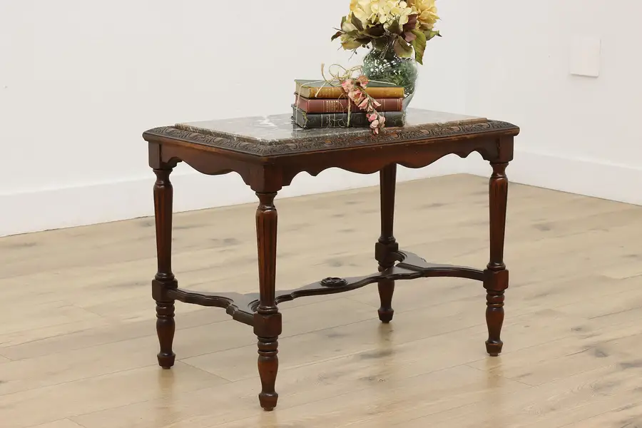 Photo of Tudor Design Vintage Carved Birch & Marble Side or End Table