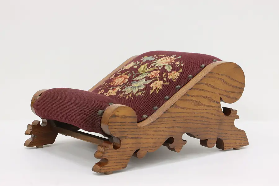 Photo of Victorian Antique Carved Ash & Needlepoint Gout Footstool