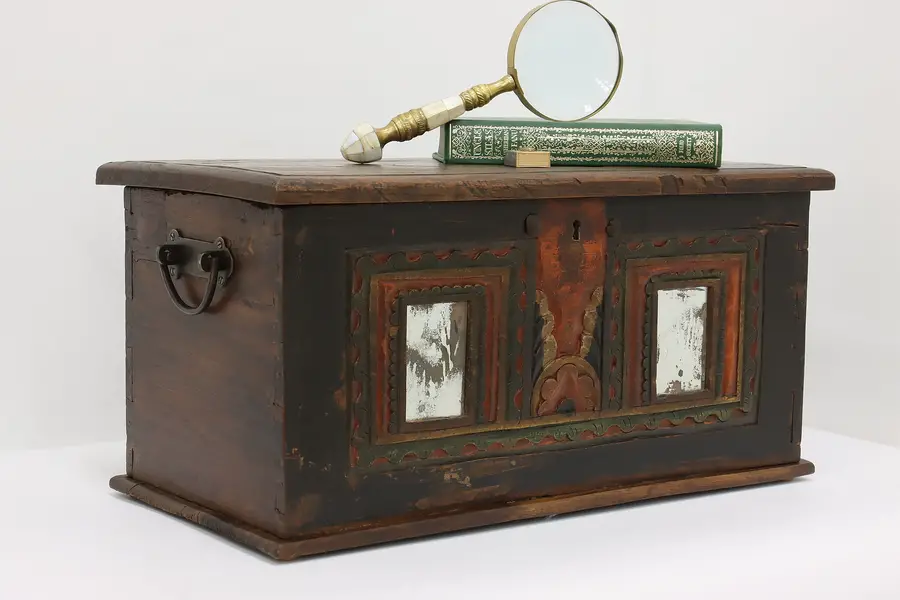 Photo of Asian Vintage Carved & Painted Keepsake Chest, Mirrors