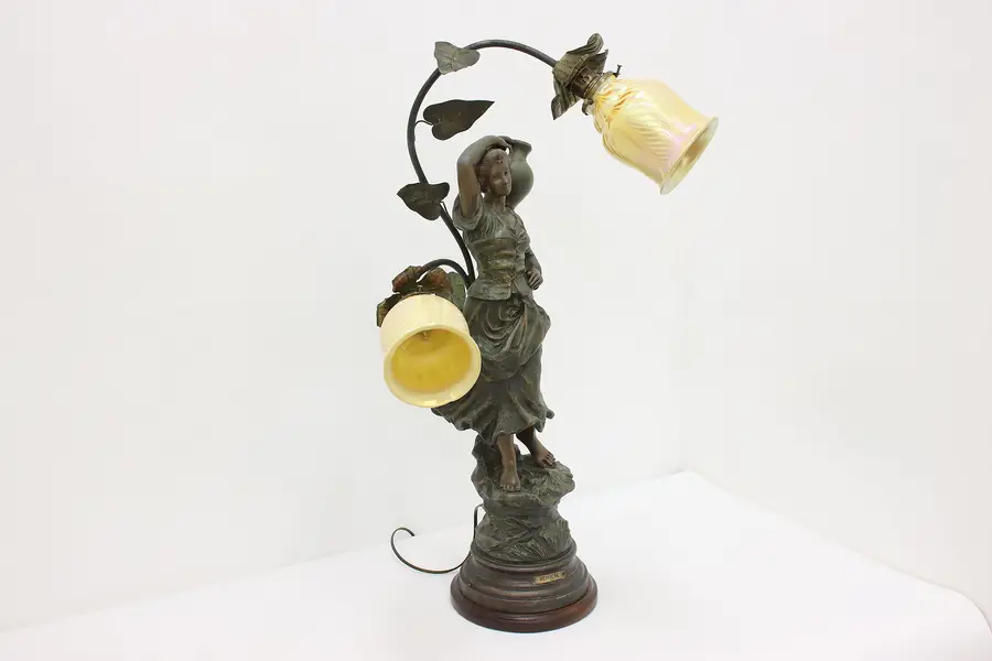 Photo of French Antique Shepherdess Sculpture Art Glass Lamp Mestais