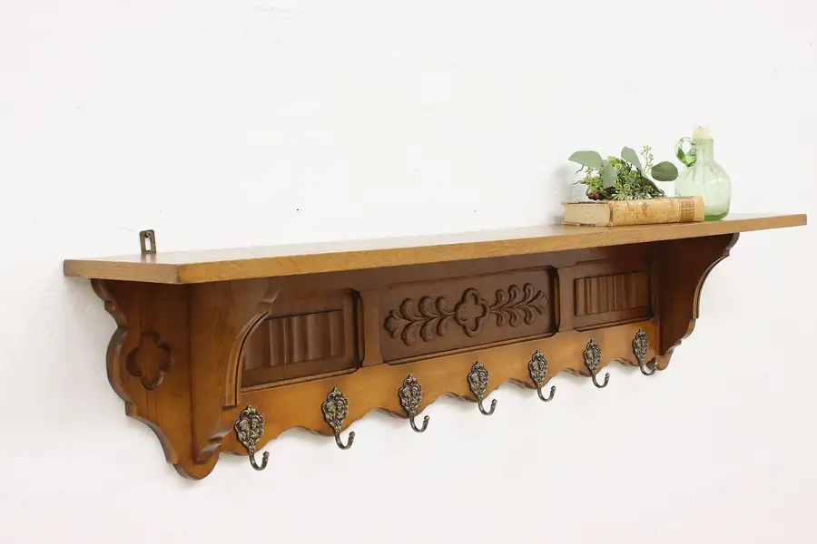 Photo of Dutch Antique Carved Oak Wall Coat Rack & Shelf Couple Hooks