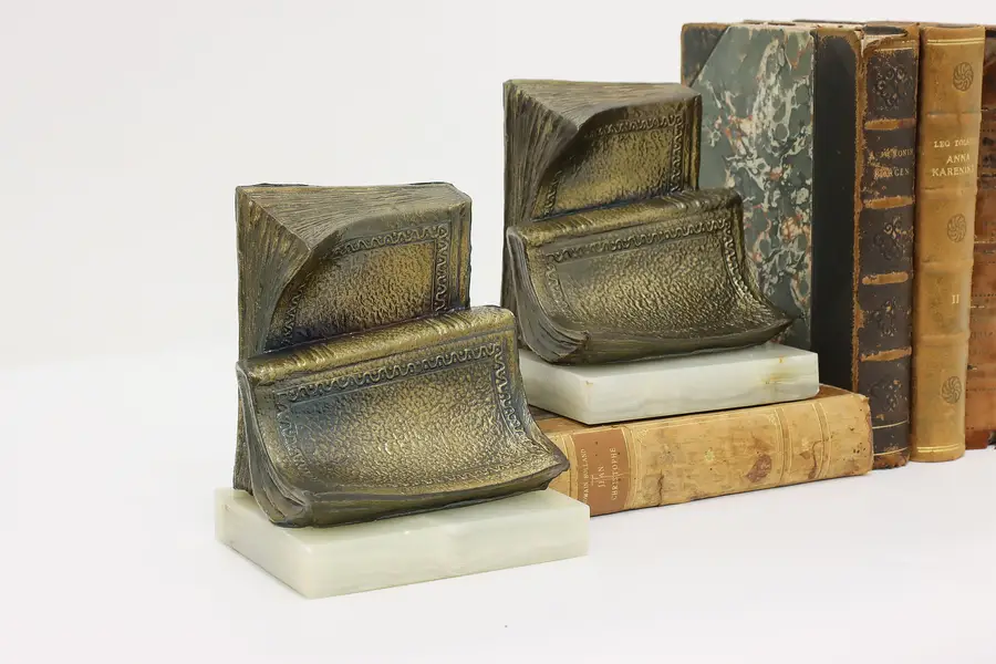 Photo of Pair of Vintage Brass & Onyx Book Sculpture Library Bookends
