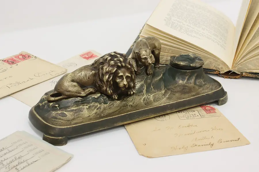 Photo of Austrian Antique Lion & Cub Brass Desktop Inkwell Bergman