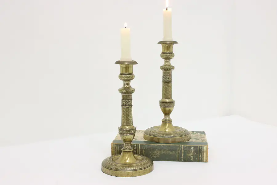 Photo of Pair Antique Victorian English Engraved Brass Candlesticks