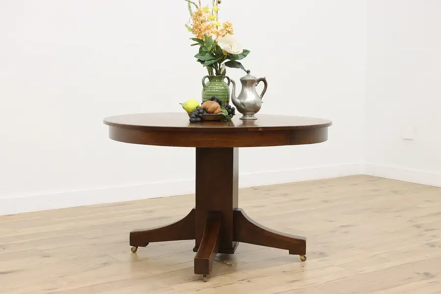 Photo of Arts & Crafts Antique 48" Round Oak Dining Table Extends 78"