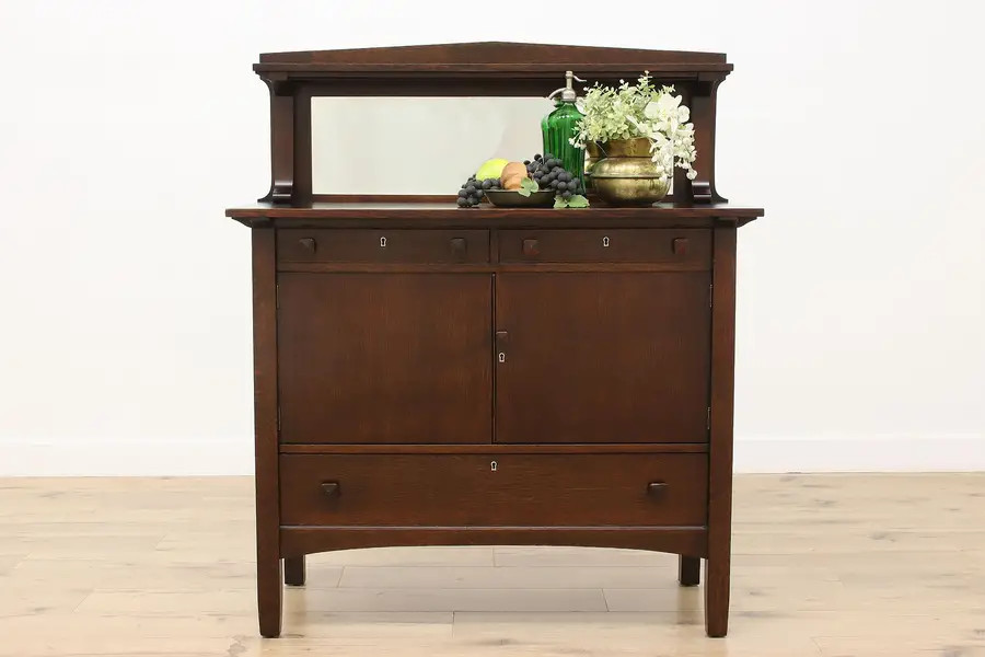 Photo of Arts & Crafts Mission Oak Antique Sideboard Buffet, Mirror