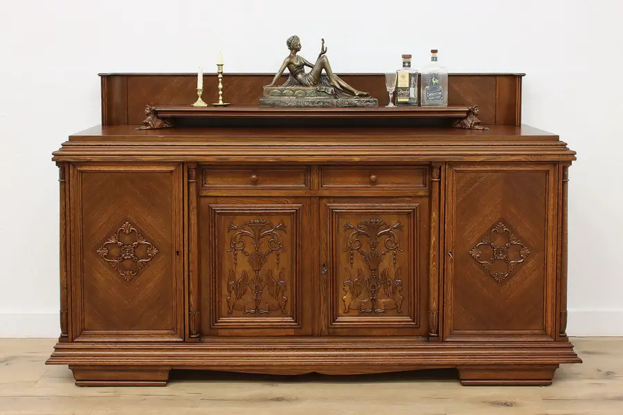 Photo of Art Deco Antique Oak Buffet Sideboard Bar, Carved Sphinxes