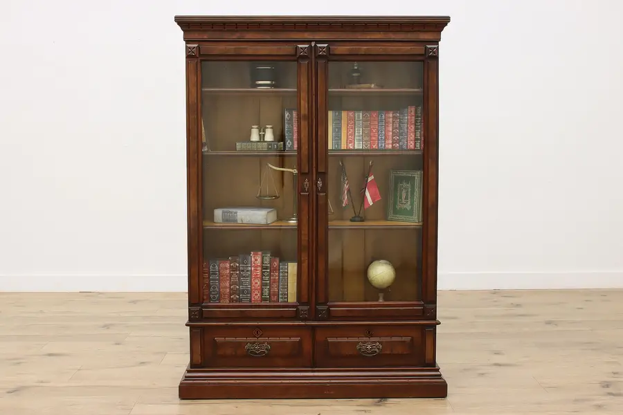 Photo of Victorian Eastlake Antique Walnut Library Bookcase Display