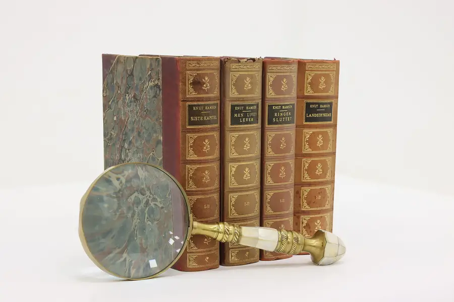 Photo of Set of 4 Vintage Norwegian Knut Hamsun Leatherbound Novels