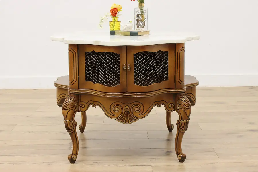 Photo of French Vintage Marble Top Carved Cherry Lamp or Side Table