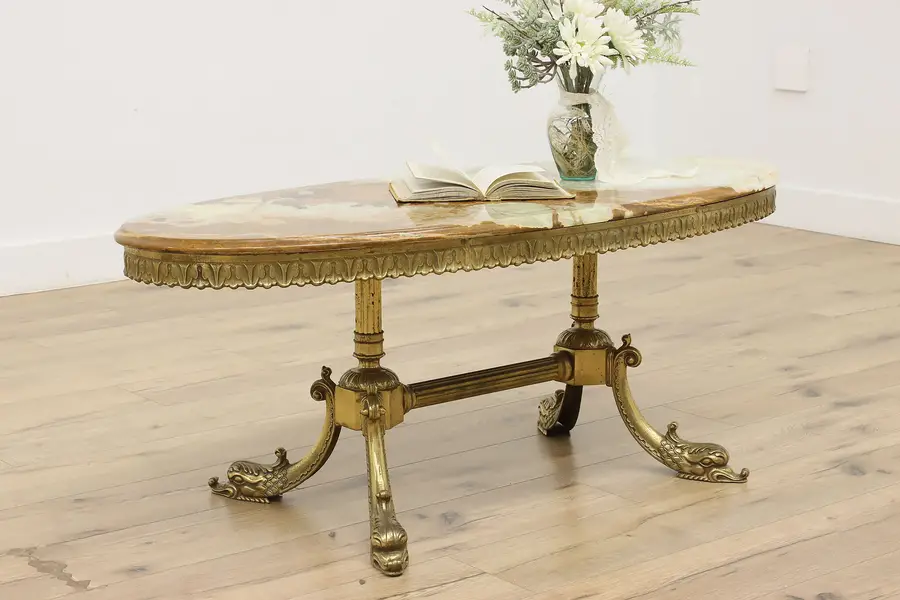 Photo of Italian Vintage Oval Brass & Onyx Coffee Table, Dolphin Base