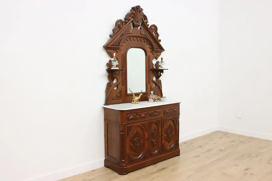 Photo of Victorian Antique Carved Walnut & Marble Sideboard or Buffet