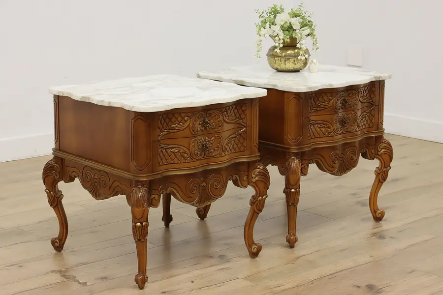 Photo of Pair of French Vintage Cherry End Tables Nightstands Marble