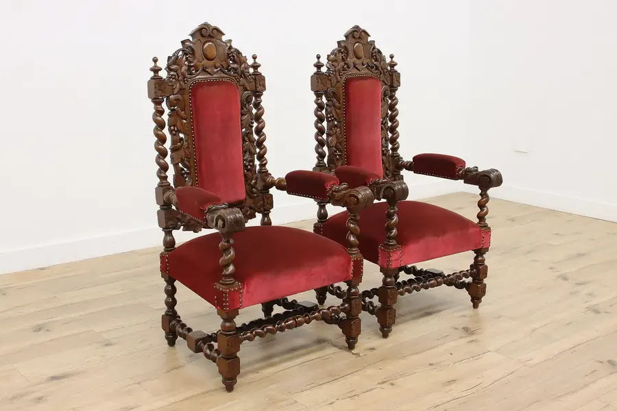 Photo of Pair of Black Forest Antique Carved Oak Hall Throne Chairs
