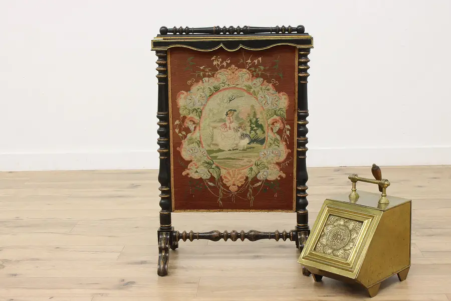 Photo of Victorian Antique English Needlepoint Fireplace Screen