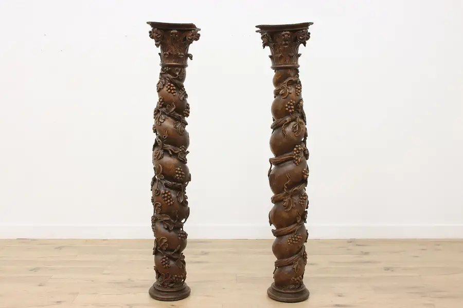 Photo of Pair of Italian Antique Salvage Carved Walnut Columns Grapes