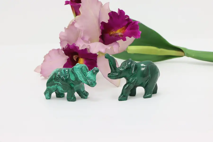 Photo of Pair of Vintage Carved Malachite Elephant Sculptures