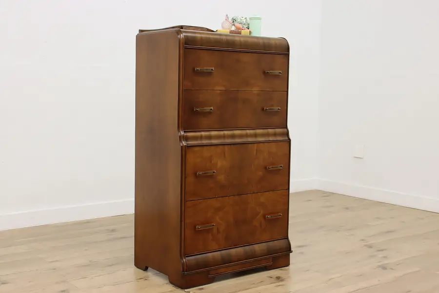 Photo of Art Deco Vintage Waterfall Walnut Chest or Dresser Bakelite
