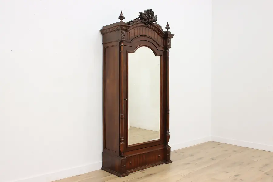Photo of French Antique Carved Walnut Armoire Wardrobe, Mirror