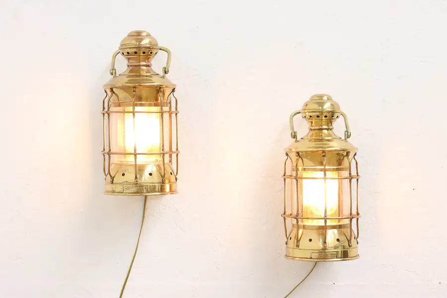 Photo of Pair of Antique Electrified Nautical Ship Lanterns, Perkins