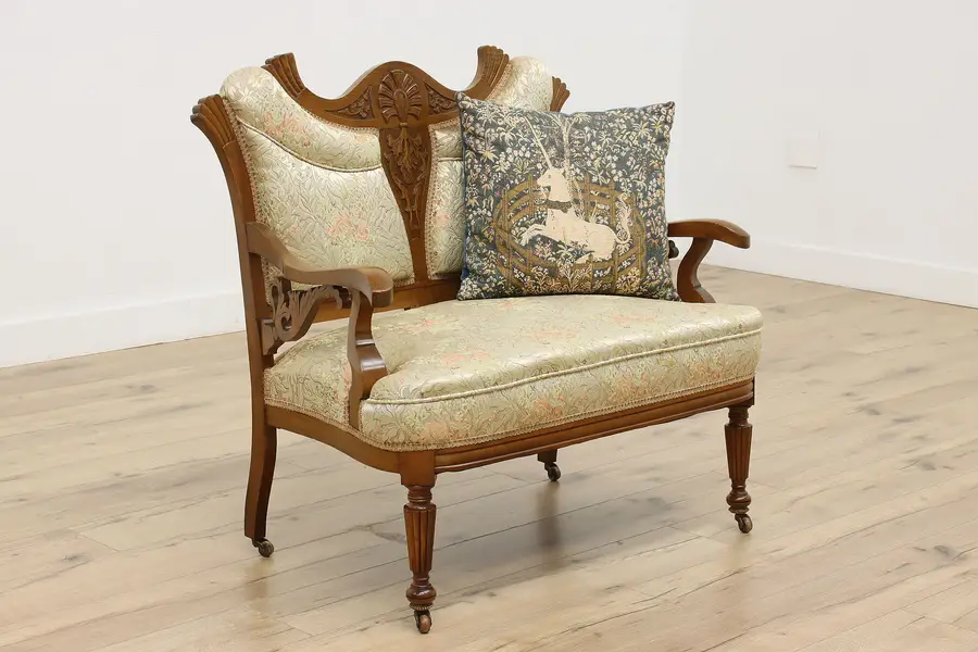 Photo of Victorian Antique Carved Oak Upholstered Loveseat or Settee