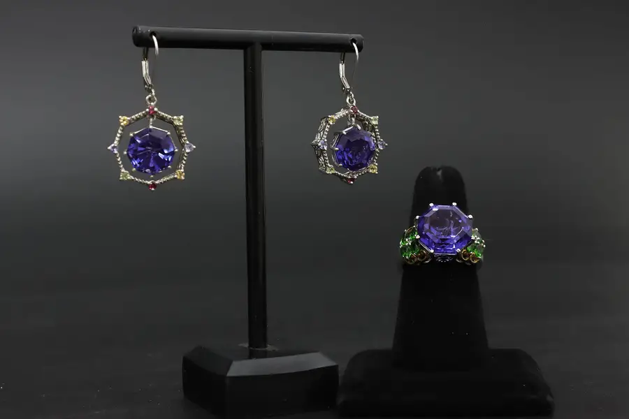 Photo of 3pc Sterling Silver Blue CZ Gems Size 9 Ring & Earrings STS