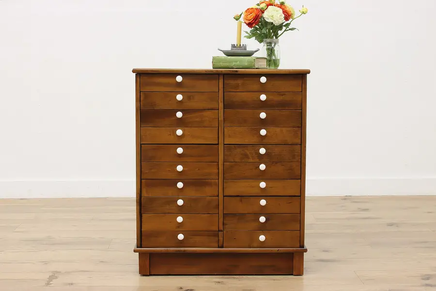 Photo of Farmhouse Antique 20 Drawer Birch File or Collector Cabinet