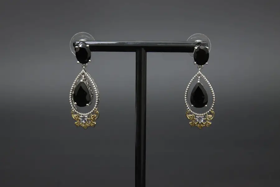 Photo of Pair of Sterling Silver Black CZ Gems Dangle Earrings STS