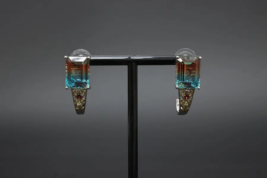 Photo of Pair of Sterling Silver Blue & Orange CZ Gems Earrings STS