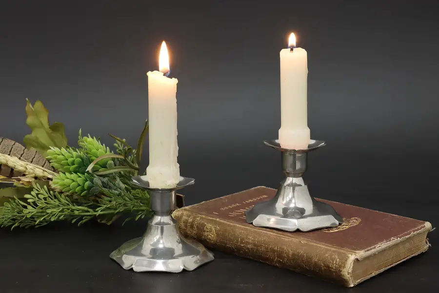 Photo of Pair of Vintage Pewter Candlesticks Colonial