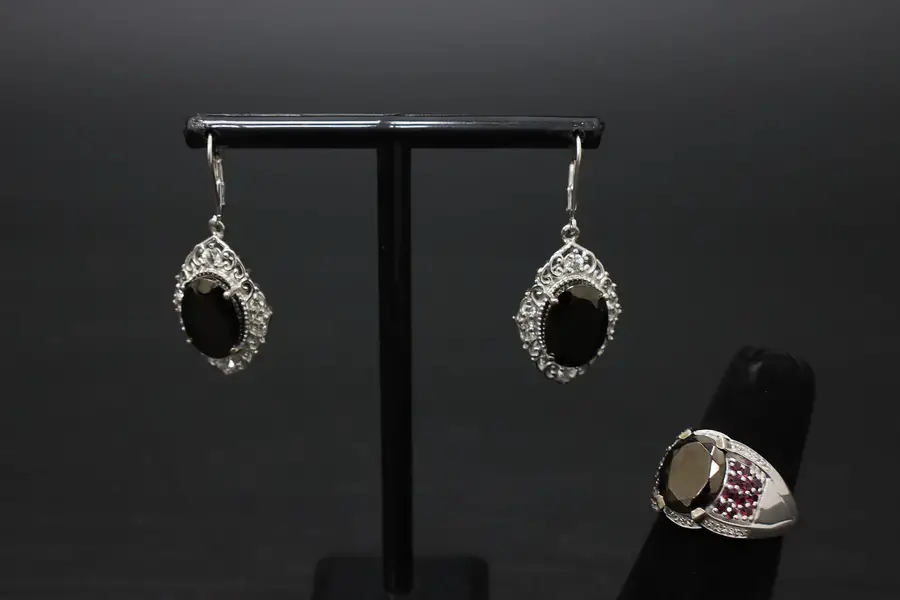 Photo of 2pc Sterling Silver Black CZ Gems Size 8 Ring & Earrings STS