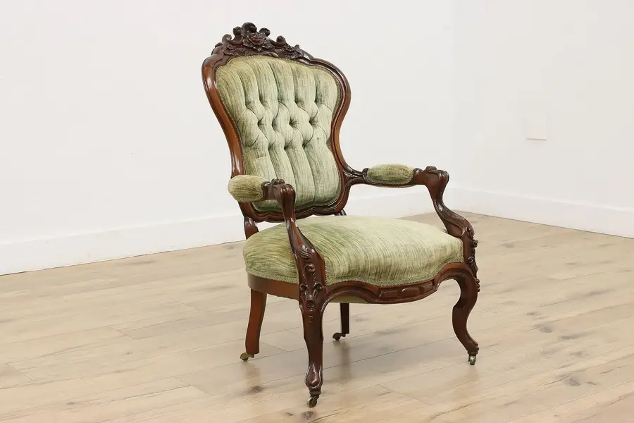 Photo of Victorian Antique Carved Rosewood & Velvet Armchair