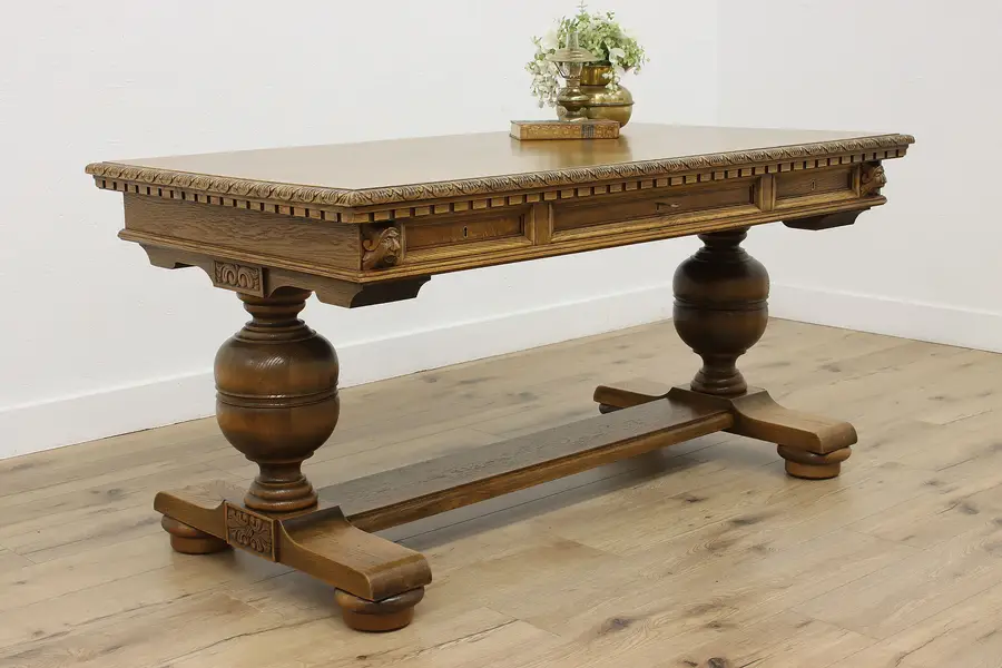 Photo of Renaissance Antique Carved Oak Library Desk Table Myth Faces