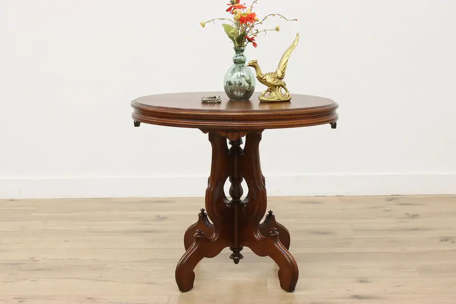 Photo of Victorian Antique Carved Walnut Oval Lamp or Hall Table