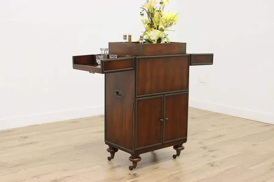 Photo of Campaign Vintage Mahogany Rolling Pop Up Bar Server Cabinet