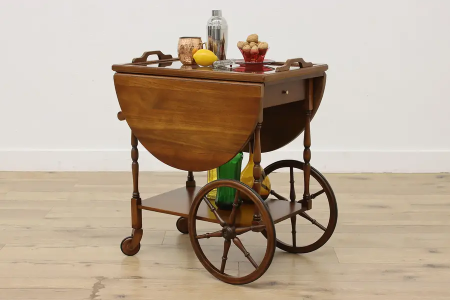 Photo of Traditional Vintage Walnut Drop Leaf Rolling Bar or Tea Cart