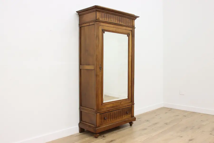 Photo of French Antique Carved Walnut Armoire or Wardrobe Mirror Door