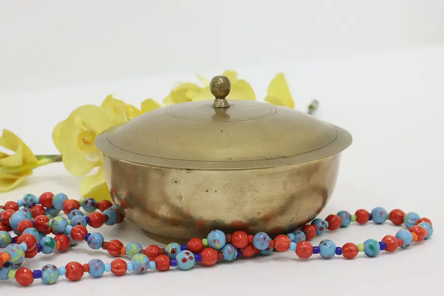 Photo of Chinese Vintage Brass Trinket or Jewelry Bowl & Lid Signed