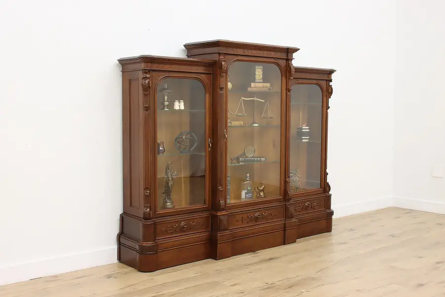 Photo of Victorian Antique Triple Walnut Library Bookcase or Display