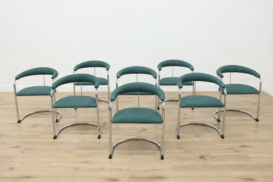 Photo of Set of 8 Midcentury Modern Chrome & Leather Chairs Thonet
