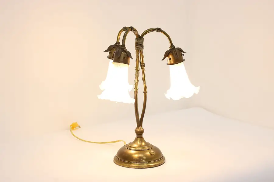Photo of Art Nouveau Antique Brass Boudoir Lamp Etched Glass Shades