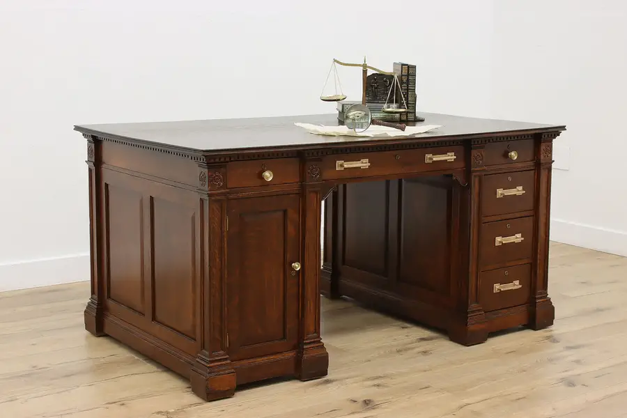 Photo of Classical Antique Carved Oak Office or Library Partner Desk