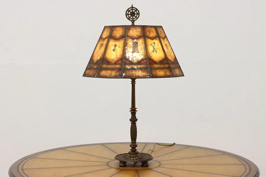 Photo of Art Deco Antique Lamp Hand Painted Mica Shade Heraldic Motif