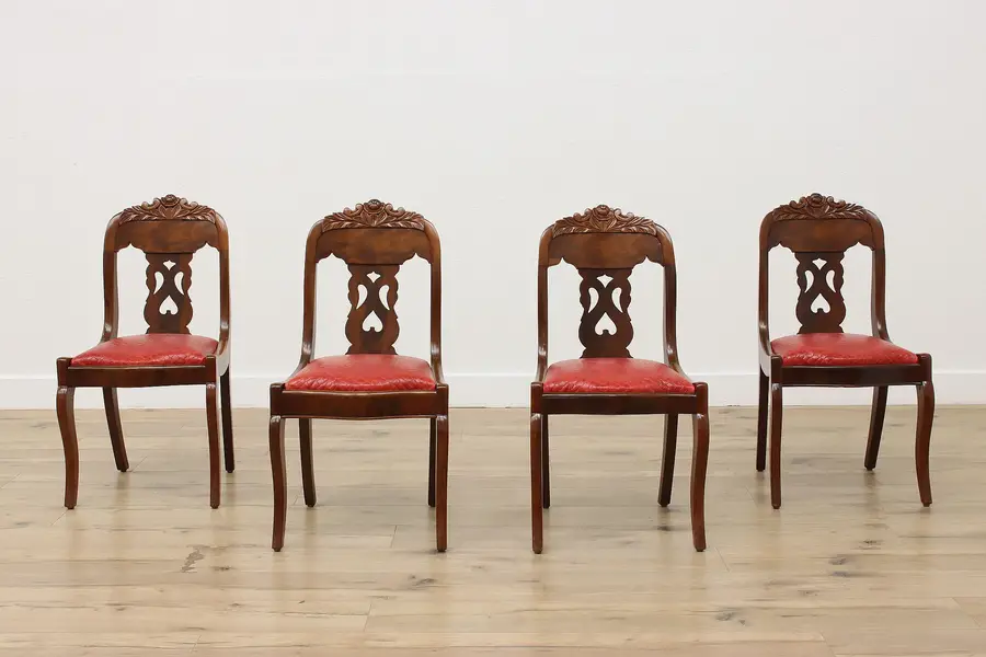 Photo of Set of 4 Empire Antique Carved Mahogany & Leather Chairs