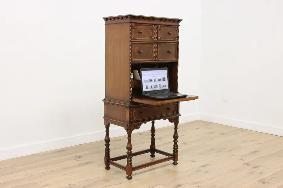 Photo of Tudor Design Antique Carved Walnut Secretary Desk Lammerts