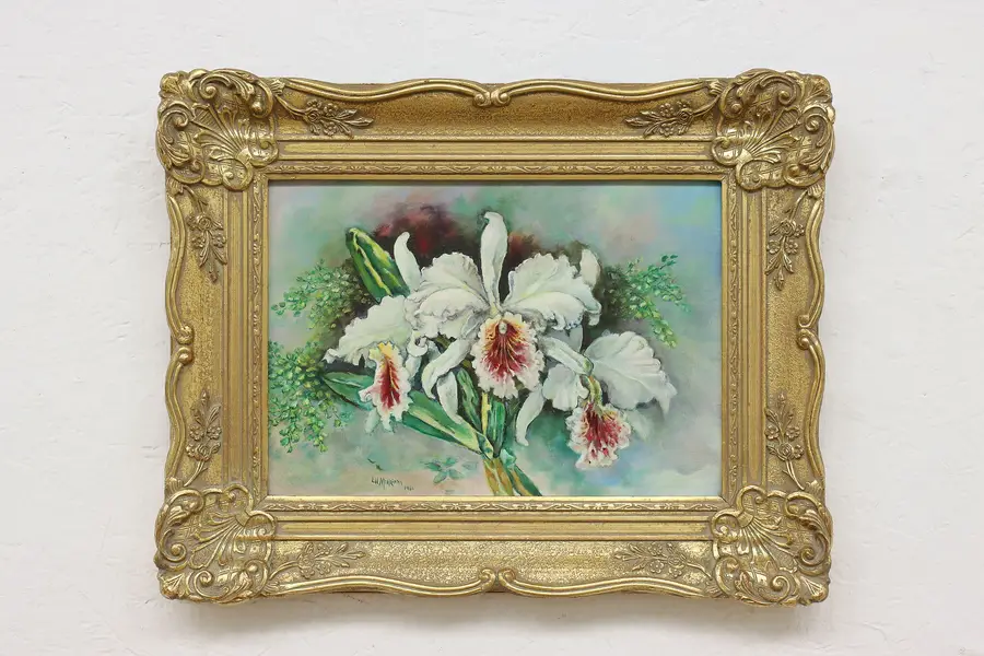 Photo of White Iris Bouquet Vintage Original Oil Painting Merriam 20"