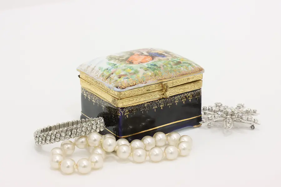 Photo of French Vintage Painted Porcelain Jewelry Trinket Box, Couple
