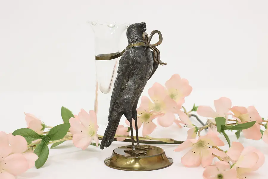 Photo of Victorian Antique Pewter Bird Sculpture, Glass Bud Vase