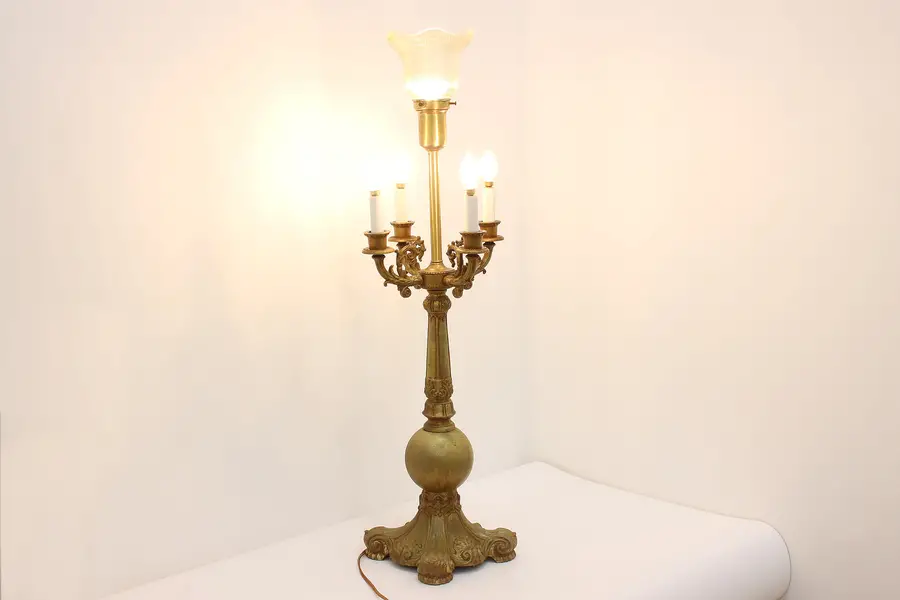Photo of Renaissance Antique Brass Finish Table Lamp, Flower Shade
