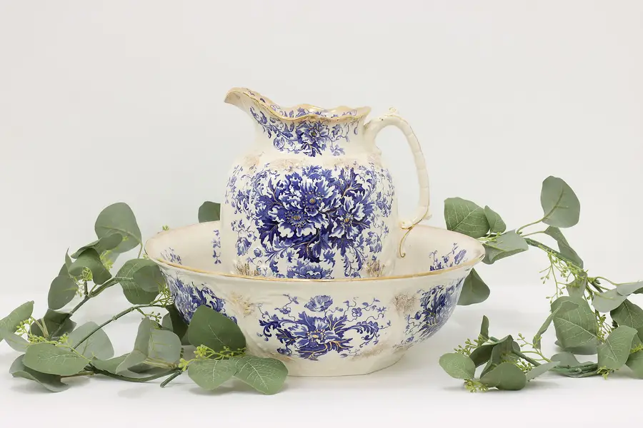 Photo of Pair Victorian Antique Cobalt Blue Porcelain Bowl & Pitcher